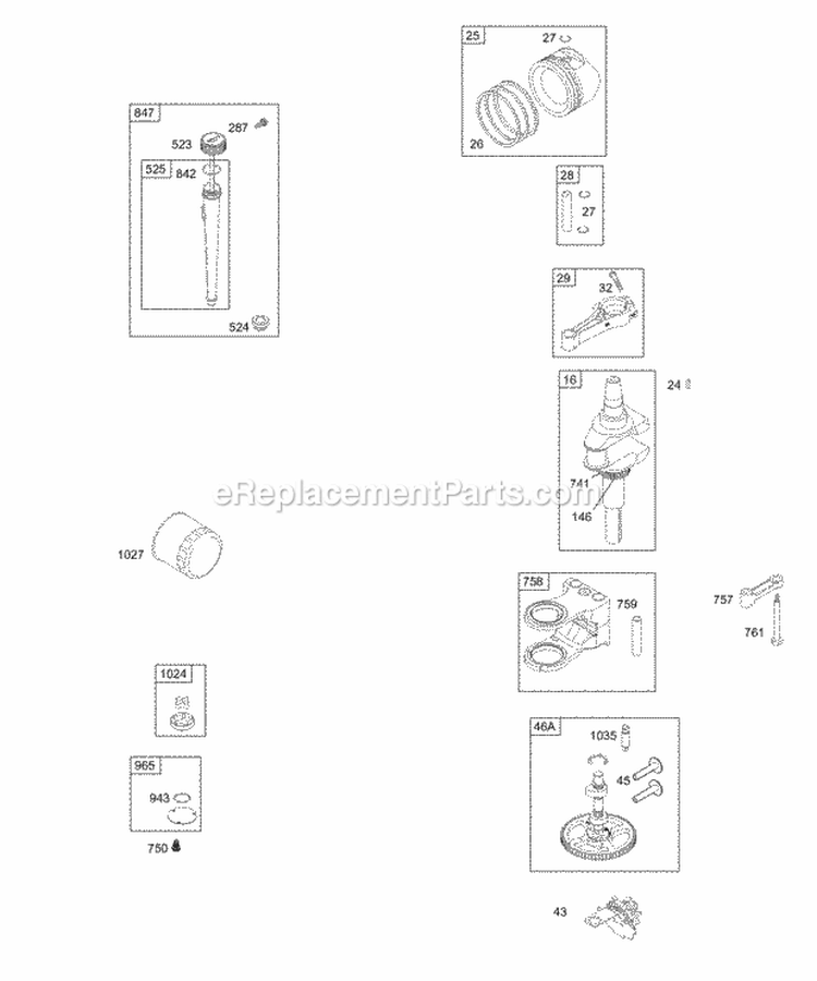 Cam Crankshaft Oil Piston Diagram and Parts List for  Briggs and Stratton Engine